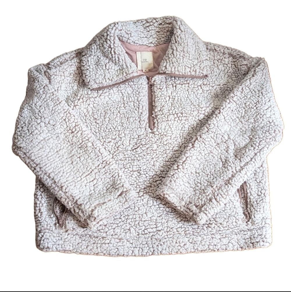Thread & Supply Women's Medium Tan Cream Warm 1/4 Zip Sherpa Fleece Sweater